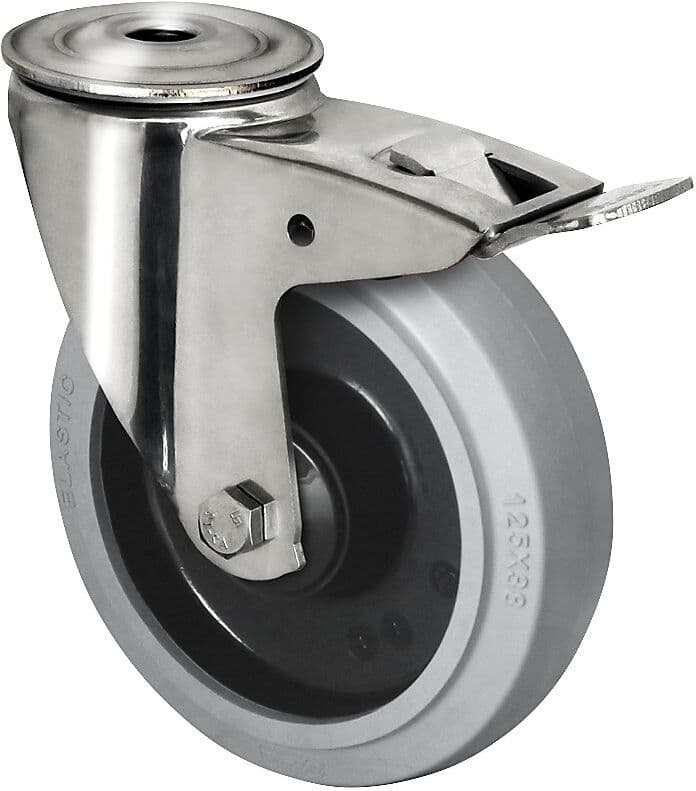 kaiserkraft Elastik-Reifen auf PA-Felge, Edelstahlgehäuse, Rad-Ø x Breite 100 x 35 mm, Rückenloch, ab 2 Stk, Lenkrolle mit Doppelstopp, Kugellager