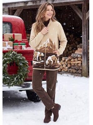 Women's Zip-Front Microfleece Jacket by Woman Within in Chocolate Polar Bears (Size S)