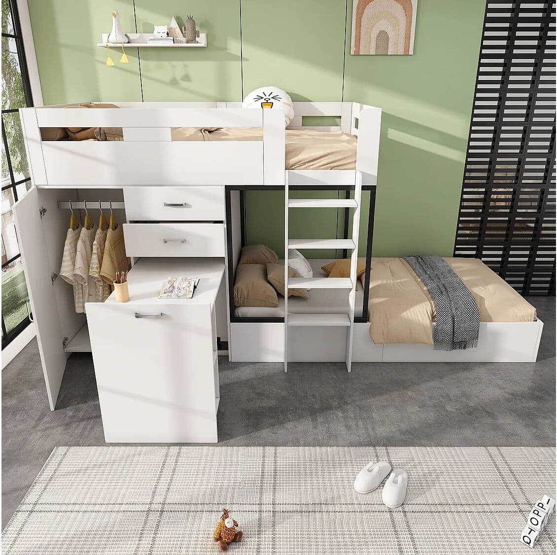 ModernLuxe Multifunctioneel stapelbed - 2x90x200 cm - met kledingkast en uitschuifbaar bureau - Wit (zonder matras)