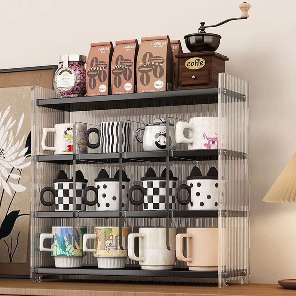 NONE 4‑Tier Black Cup Mug Storage Rack 50cm Long Removable Divider Acrylic Display Shelf Desktop Water Cup Organizer for Kitchen Counter Cabinet