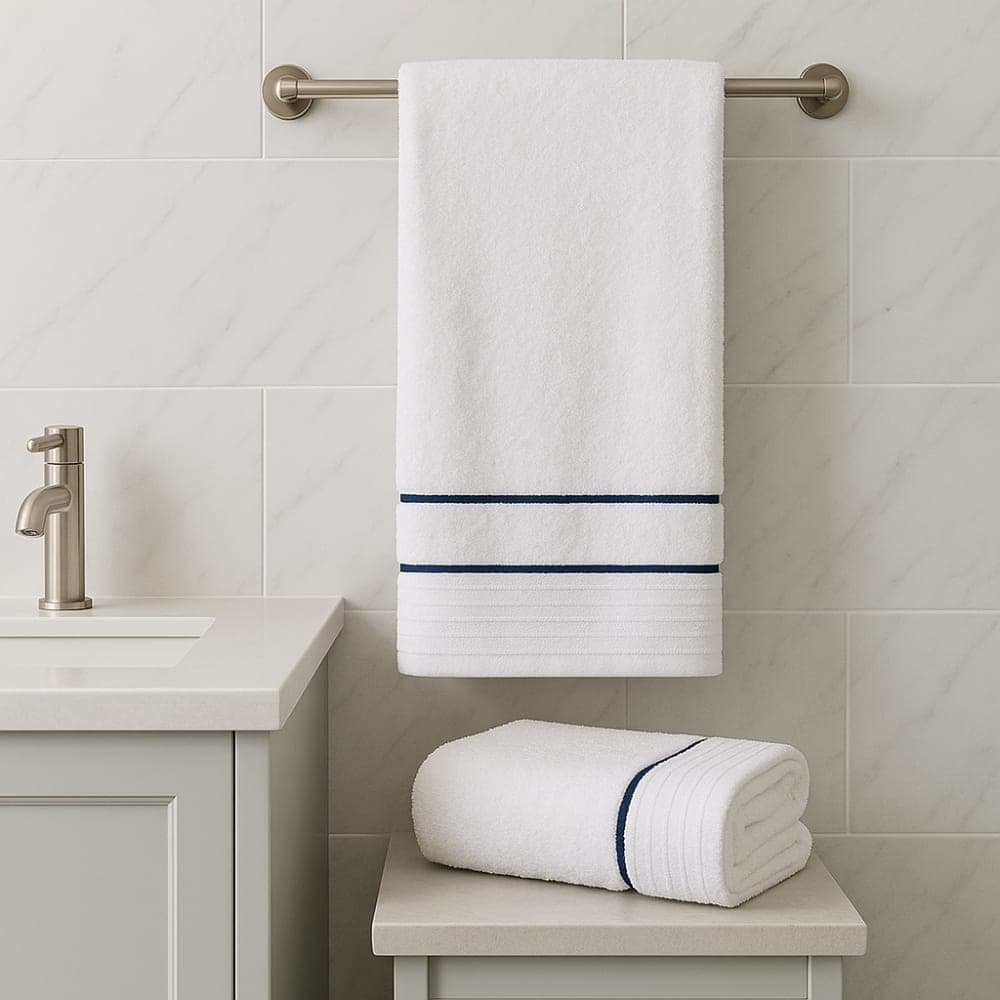 Morfeo Serviette coton blanche liseré bleu marine - 70x150 cm Bleu 140x70x1cm