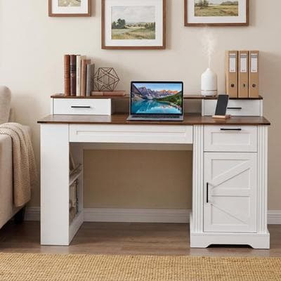 Farmhouse MDF Office Desk with Storage and Charging Station White by GDFStudio