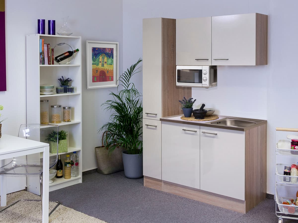 Pantryküche FLEX-WELL "Nepal", beige (küche: natur, front: kaschmir glanz, korpus: sonoma eiche, arbeitsplatte:,,), B:130cm H:200cm T:60cm, Komplettküchen-Sets, Pantryküche, Gesamtbreite 130 cm, mit Apothekerschrank und Mikrowelle etc.