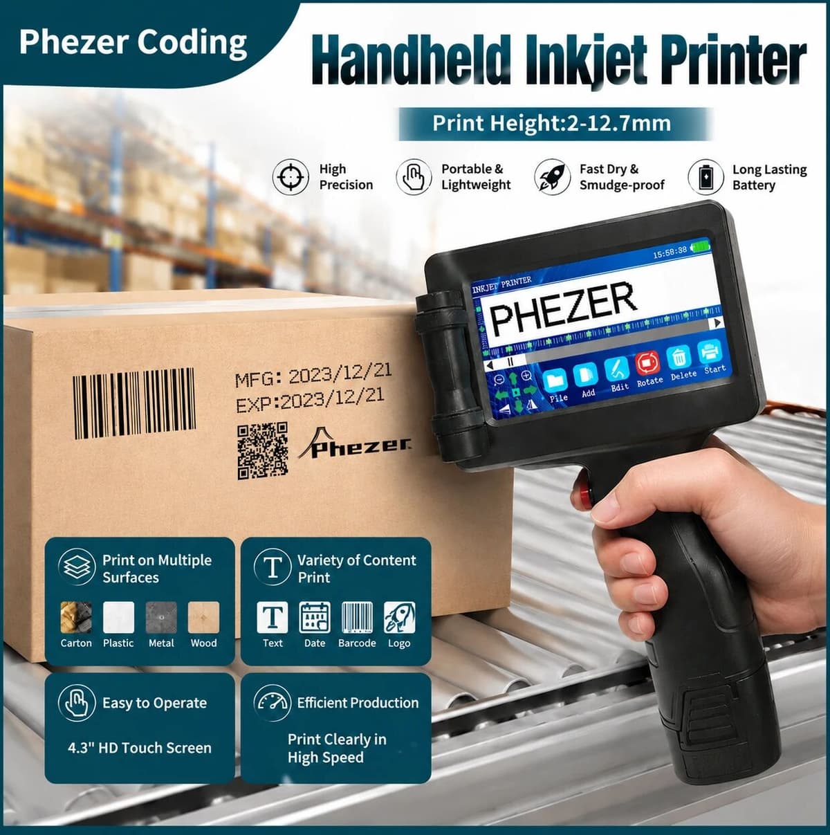 Phezer 12.7mm P17 Handheld Inkjet Printer Portable Label Printer Expiry Date Expiration Batch Code Logo QR Barcode 28 Languages