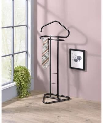 InRoom Designs Freestanding Valet Stand with Contoured Clothes Hanger, Trouser Bar and Accessory Holder - Garment Organizer Rack