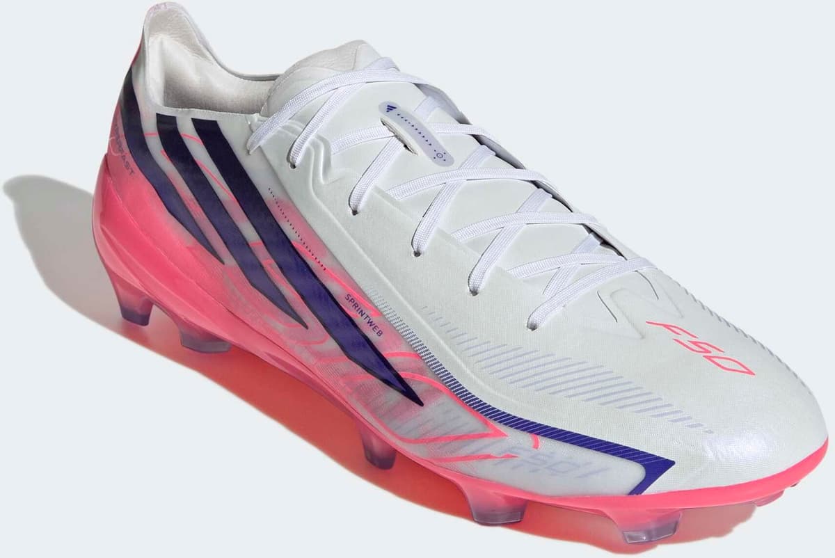 Fussballschuh ADIDAS PERFORMANCE "F50 HYPERFAST PRO, FESTE BÖDEN", Gr. 40, pink (cloud weiß, solar lila, solar turbo), Synthetik, Textil, Schuhe Fussballschuh, für Rasen und feste Böden, gespielt bei der Weltmeisterschaft 2026 cloud weiß, solar lila, sola
