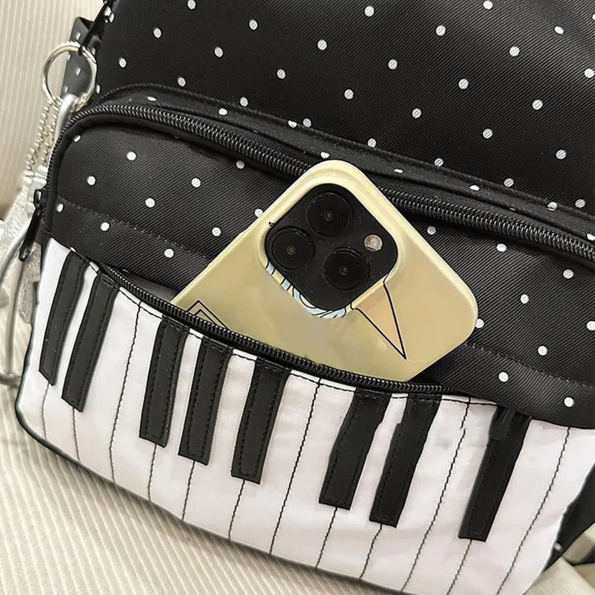 NONE Large Capacity PolkaDot Backpack Multifunctional Lightweight Piano Key Backpack Black Piano Mochilas Sports