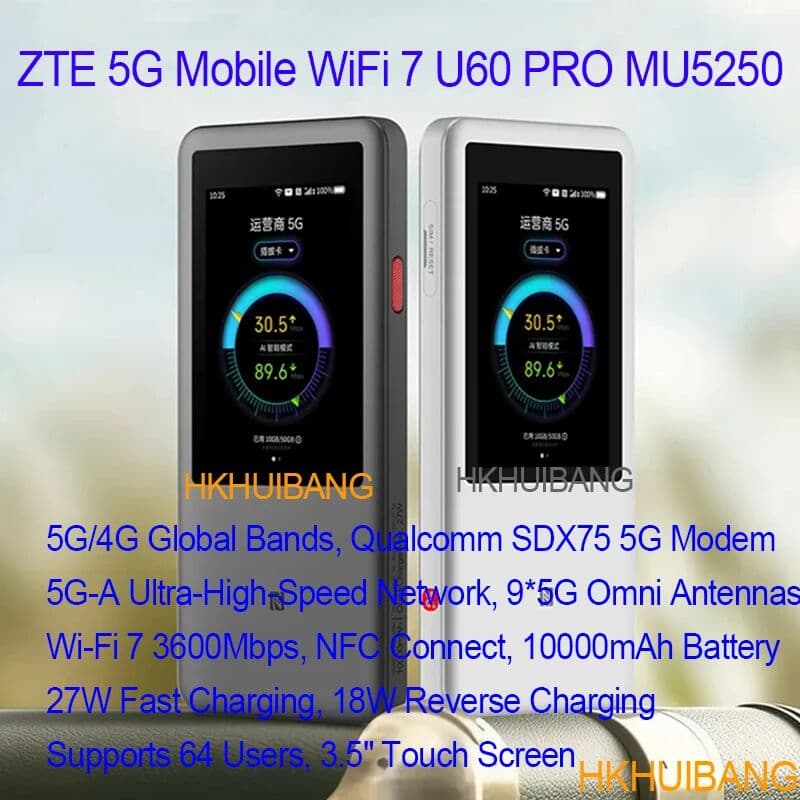 HKHUIBANG ZTE U60 Pro MU5250 5G Pocket WiFi Router 5G-A Qualcomm SDX75 WiFi 7 BE3600 Mobiel Hotspot Unlocked 5G MiFi Support Lock Band