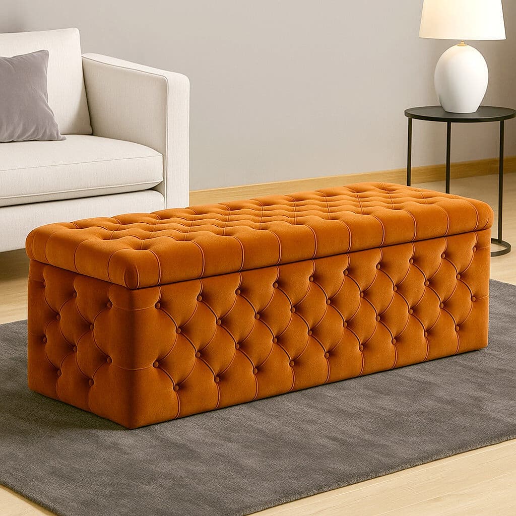 R&M Furnishers Lux Wide Velvet Chesterfield Rectangle Solid Color Standard Ottoman Box with Storage Burnt Orange 180cm W x 42cm D x 40cm H