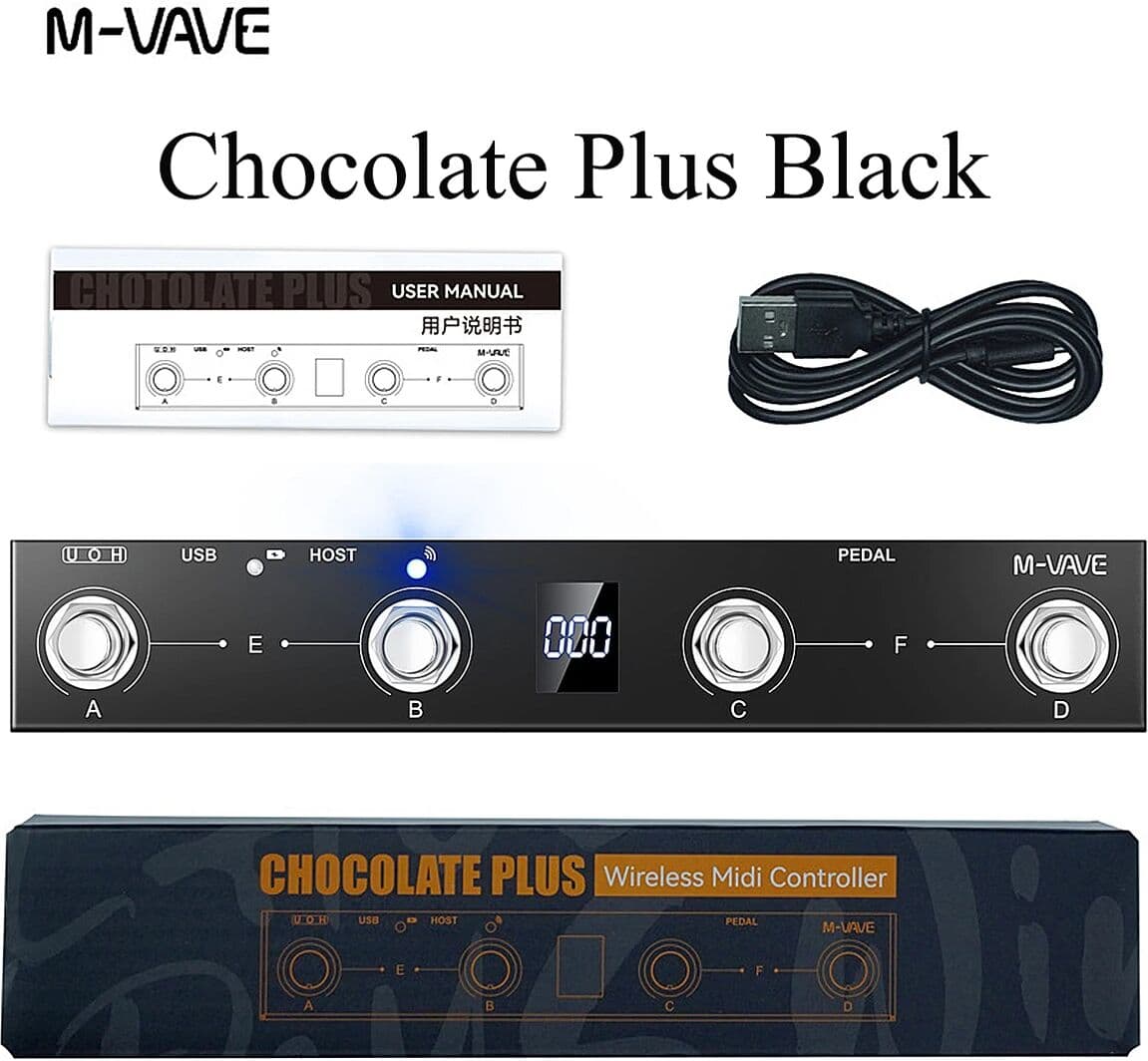 M-VAVE Chocolate Plus Black Wireless MIDI Controller – 4 Footswitches, BLE & USB MIDI, Host, 16 Messages per Switch, 280g