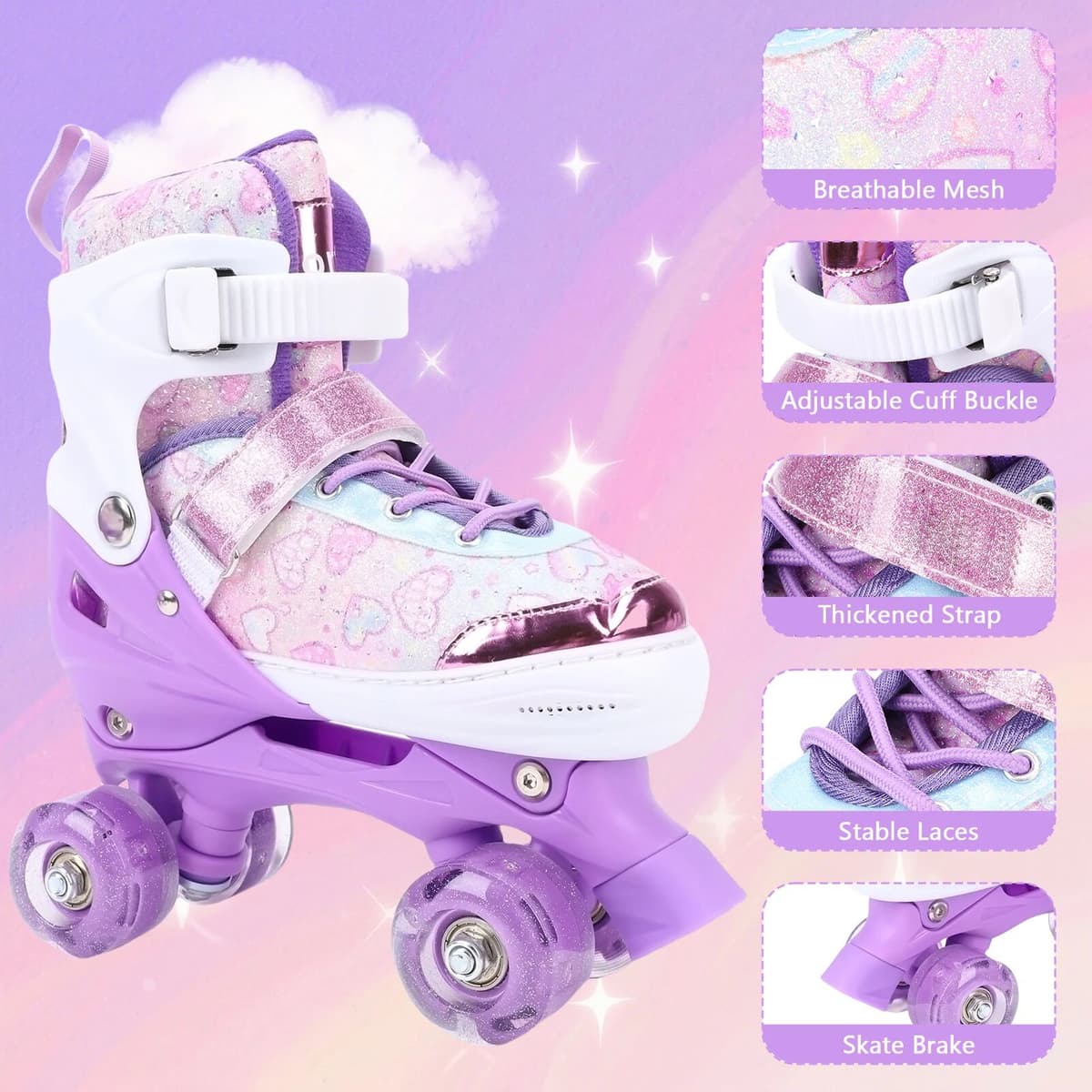 NONE Tomshoo Double Row Roller Skate Shoes for Ages 6-12 Kids Adjustable Size 32-36 Toddler Girls Boys Light Up Wheels Roller Skates