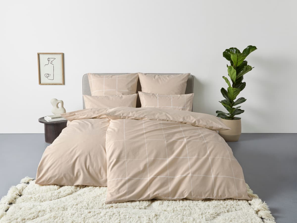 Bettwäsche GOODPRODUCT "Nature", beige (hellbeige), B/L: 135cm x 200cm, 1 Stk., 1 Stk., Renforcé, B/L: 80cm x 80cm, 2 Stk., Renforcé, Obermaterial: 100% Baumwolle, Bettwäsche, Bettwäsche, Bettwäsche in unregelmässigem Karo-Muster hellbeige B/L: 135cm x 20