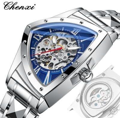 Youfap Market Premium Triangle Skeleton Men Mechanical Watch With Luminous Stainless Steel Strap blue