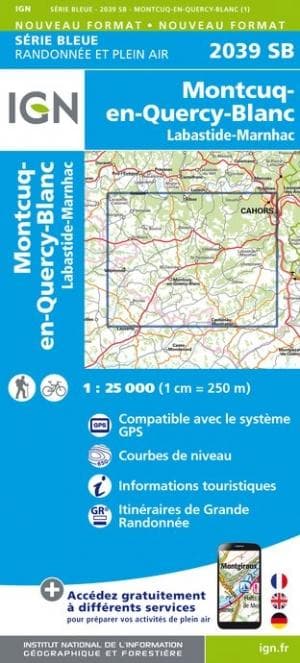 Carte de randonnée IGN Série Bleue n° 2039 - Montcuq-en- Quercy-Blanc, Labastide-Marnhac