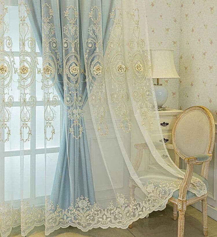 NONE 1pc Haze Blue Double-Layer Blackout Curtain, 3D Pearl Floral, European Bedroom Living Room