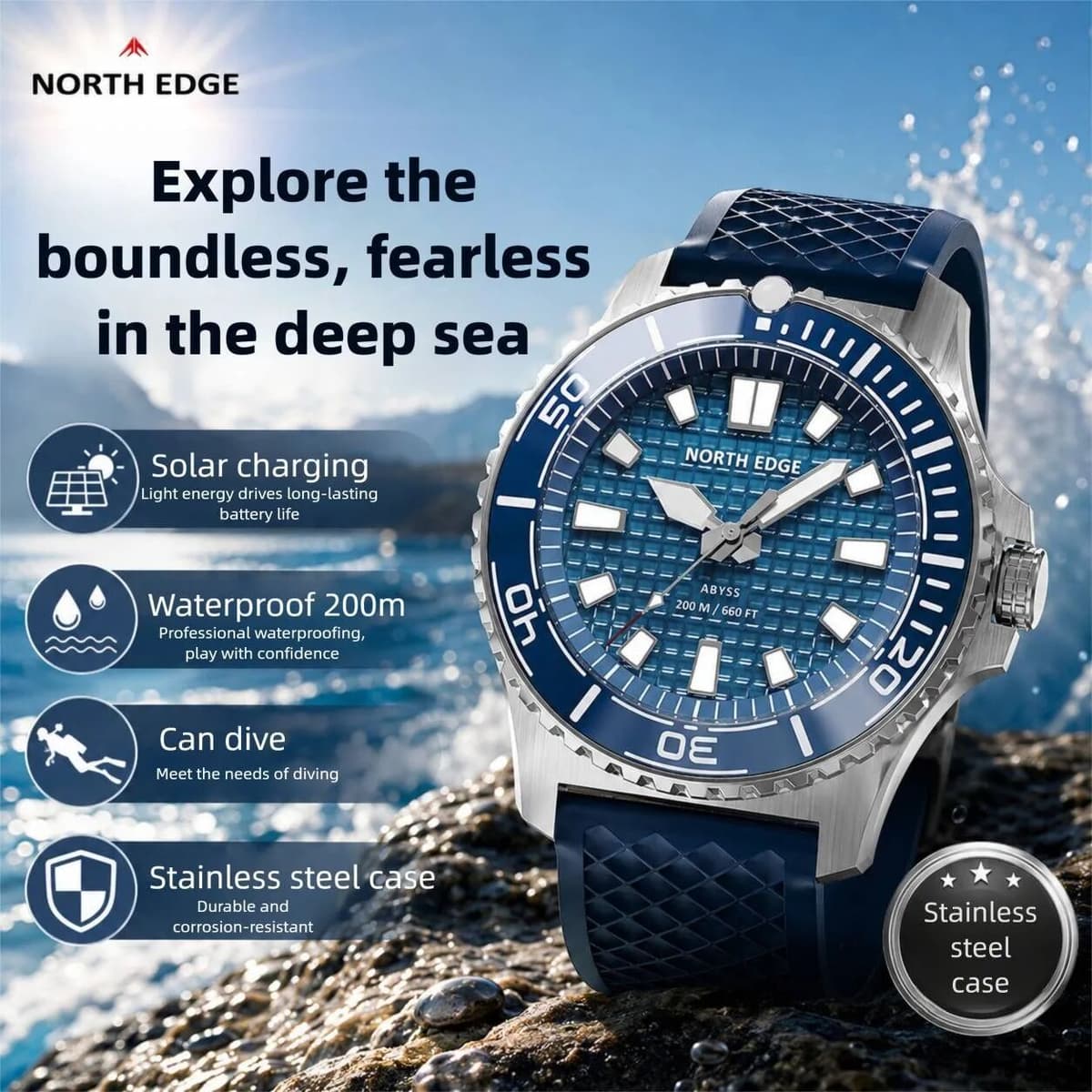 NONE NORTH EDGE  Solar Diving Watch 200M Waterproof Stainless Steel Case Luminous Waterproof Solar Charging Outdoor Sports Watch