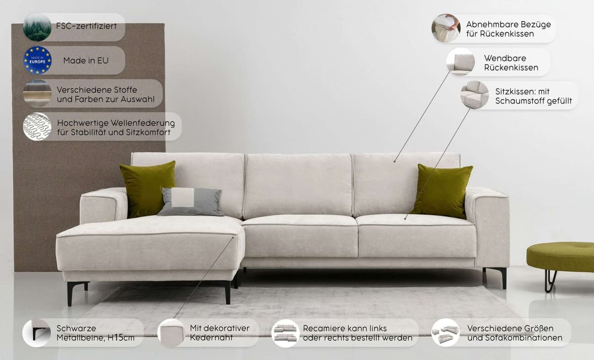 Ecksofa GOODPRODUCT "OLAND Cord L-Form, B: 280 cm, Skandi-Design", light braun, B:280cm H:85cm T:152cm, 92%PES 8%NY, Sofas, Ecksofa, L-Form, 280 cm, Wellenunterfederung, Skandi-Design, Metallfüsse light braun B/H/T: 280cm x 85cm x 152cm, Cord, Recamiere l