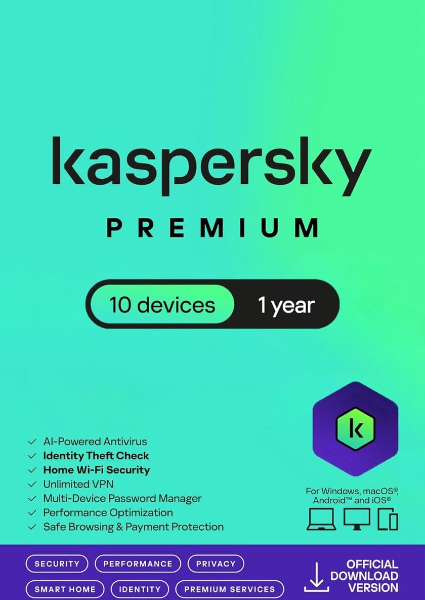 Kaspersky Premium Total Security 2026 - 10 Dispositivos - 1 Año para PC / Mac / iOS / Android -  Código de descarga