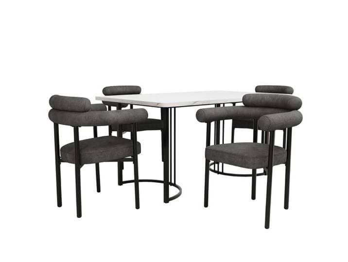 Ensemble table et chaises (5 pièces) avec pieds de table design en métal y compris 4 fauteuils creux en tissu daim gris élégant