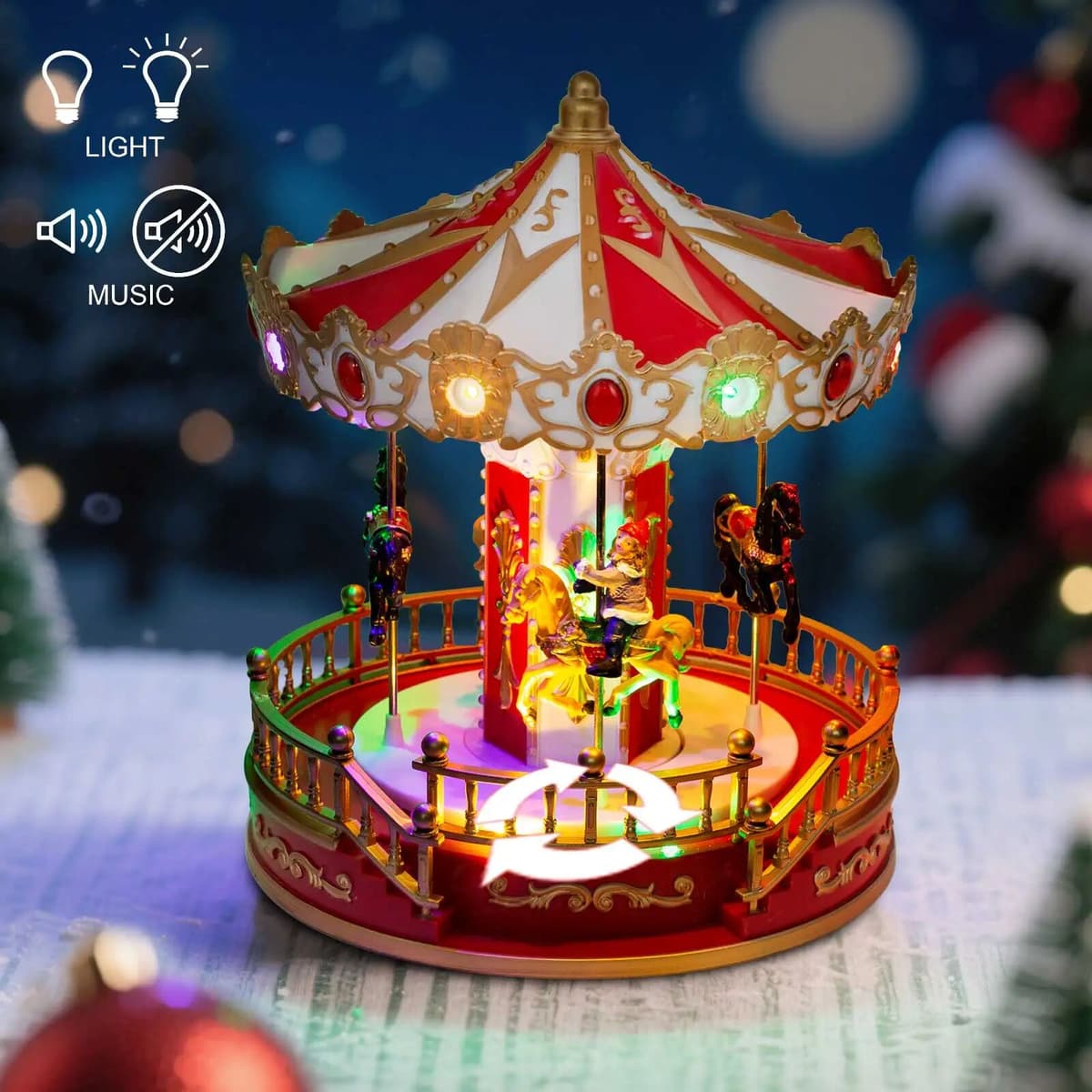NONE Animated Christmas Carousel with Musical LED Light Indoor Table Decoration Collection Village Accessory for Home Holiday Display