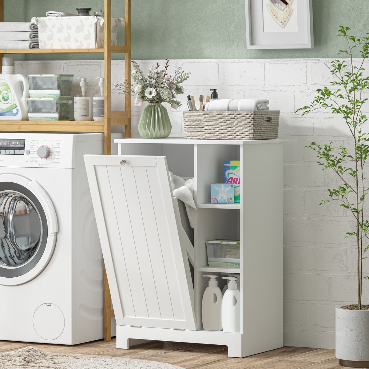 Homcom Mobile Bagno Portabiancheria con Cesto Rimovibile e Ripiani Regolabili, 60x38x86 cm, Bianco