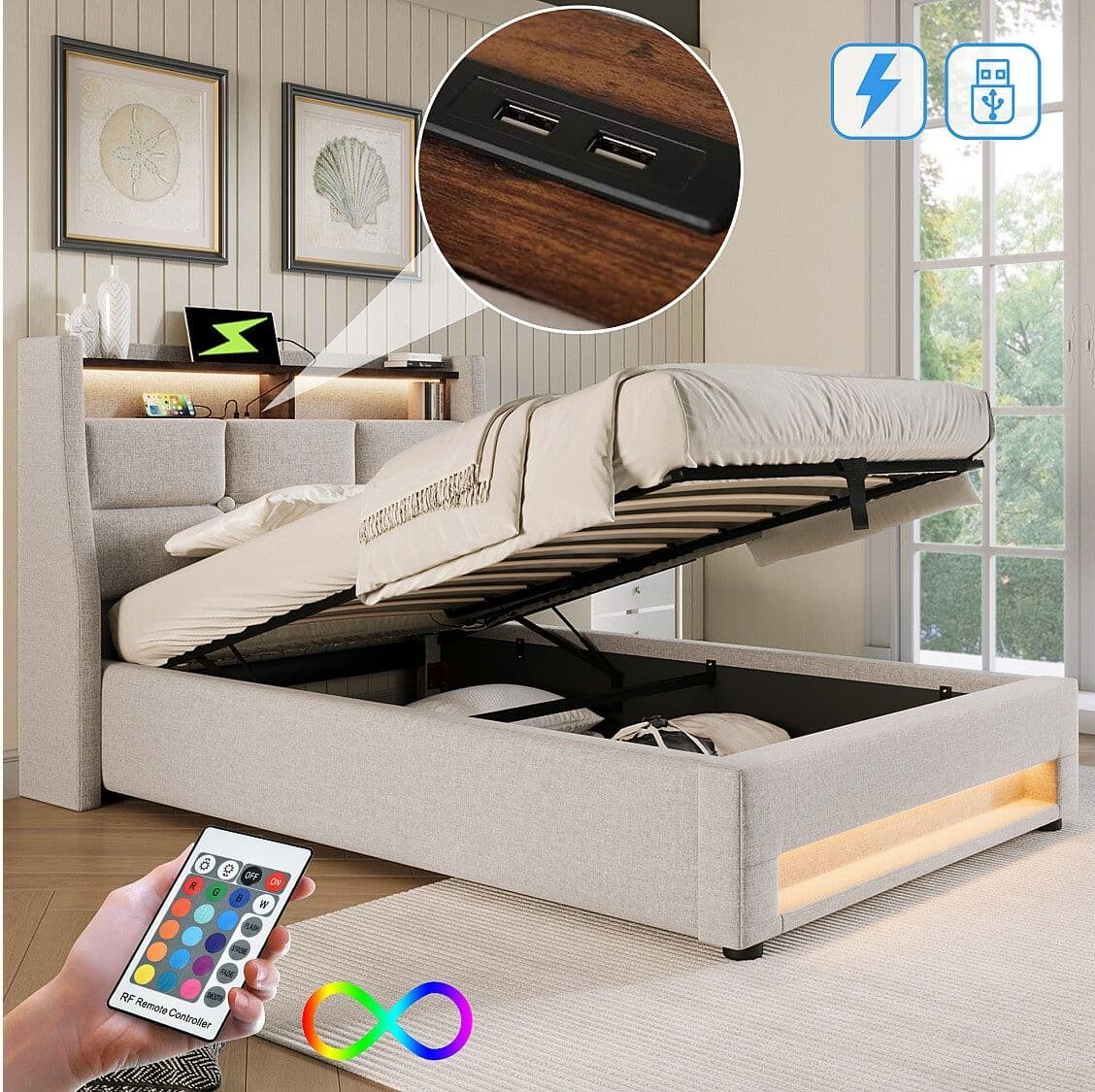 Merax Opbergbed 90 x 200 cm met opberghoofdeinde - USB-aansluiting en LED's - linnenstof - beige