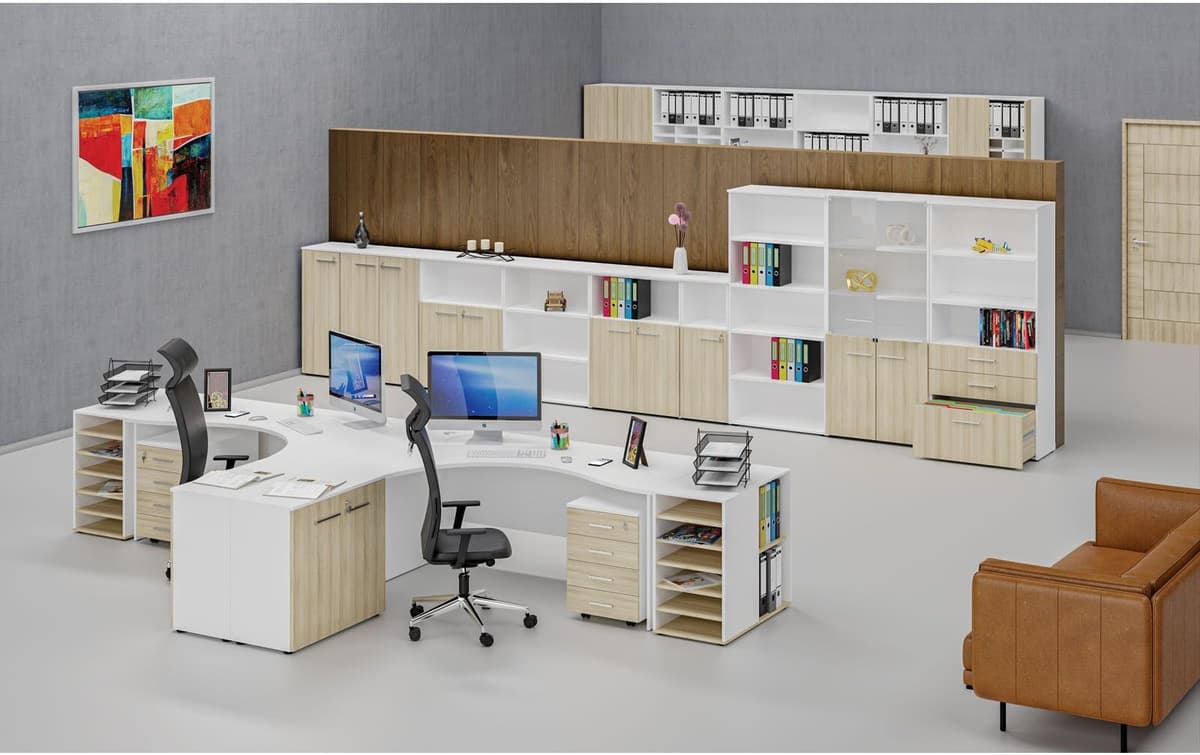 B2B Partner Dostawna szafka półkowa do biurka PRIMO WHITE, lewa, biała/dąb naturalny