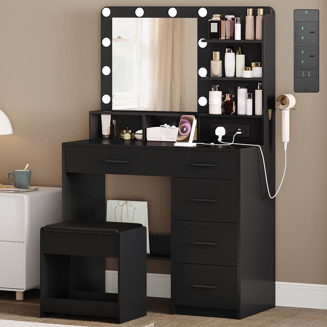 Brayden Studio Dressing Table with 3-Colour LED Adjustable Brightness, Vanity Table with Plug and Large Mirror, Stool and Hairdryer Holder, Muti-Drawer Dressing Tabl Black-40D x 90W x 139H cm 139cm H X 90cm W X 40cm D