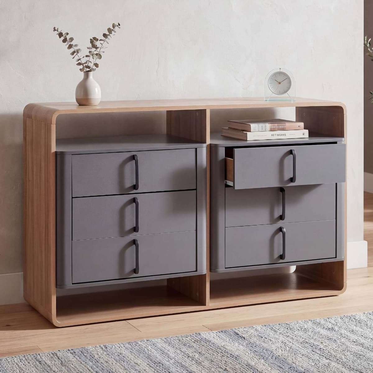 Highboard MCW-P43, Hochschrank Sideboard Kommode, 5 Schubladen MDF 155x80x41cm ~ Rivera-Eiche-Optik, dunkelgrau