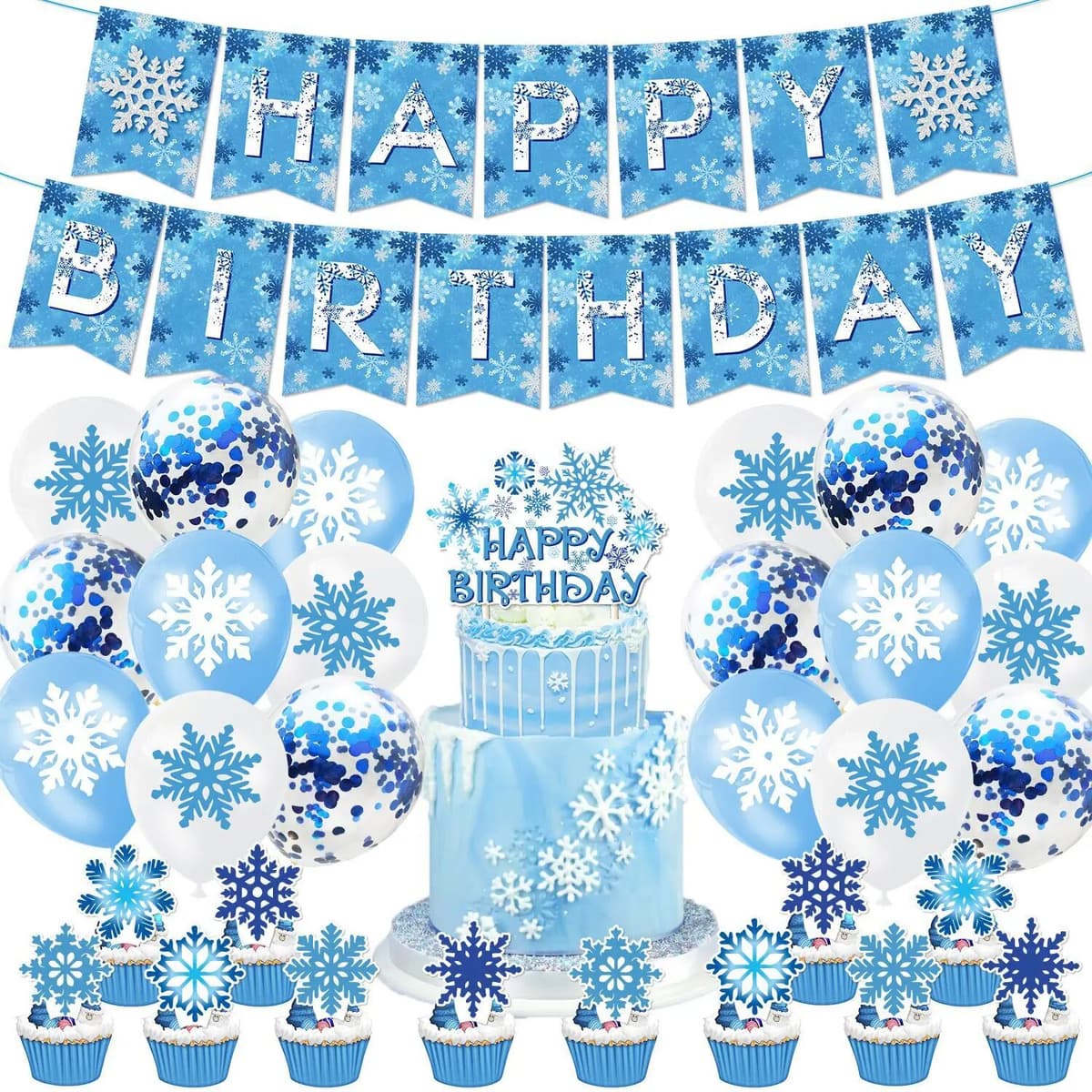 NONE Frozen Snowflake Party Decorations, Winter Snowflake Happy Birthday Banner, Balloons, Cake Toppers, Winter Wonderland Christmas