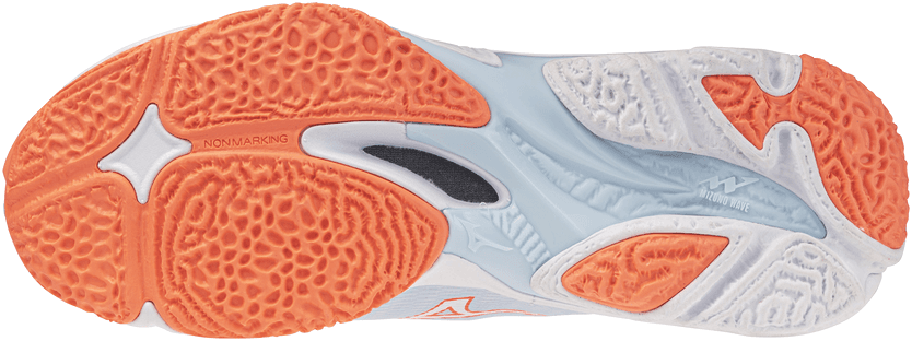 Mizuno Wave Lightning Elite (26) Naisten sisäpelikengät (Blue Finch/White/Lava Orange) - UK 5w (EUR 38 / 24 cm)