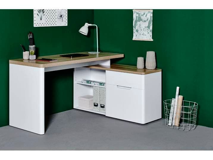 Eckschreibtisch JAHNKE CU-LIBRE 150 E , braun (riviera eiche, weiß, weiß, riviera eiche), B:140cm H:77cm T:117,5cm, Tische, Eckschreibtisch, wechselseitig montierbar