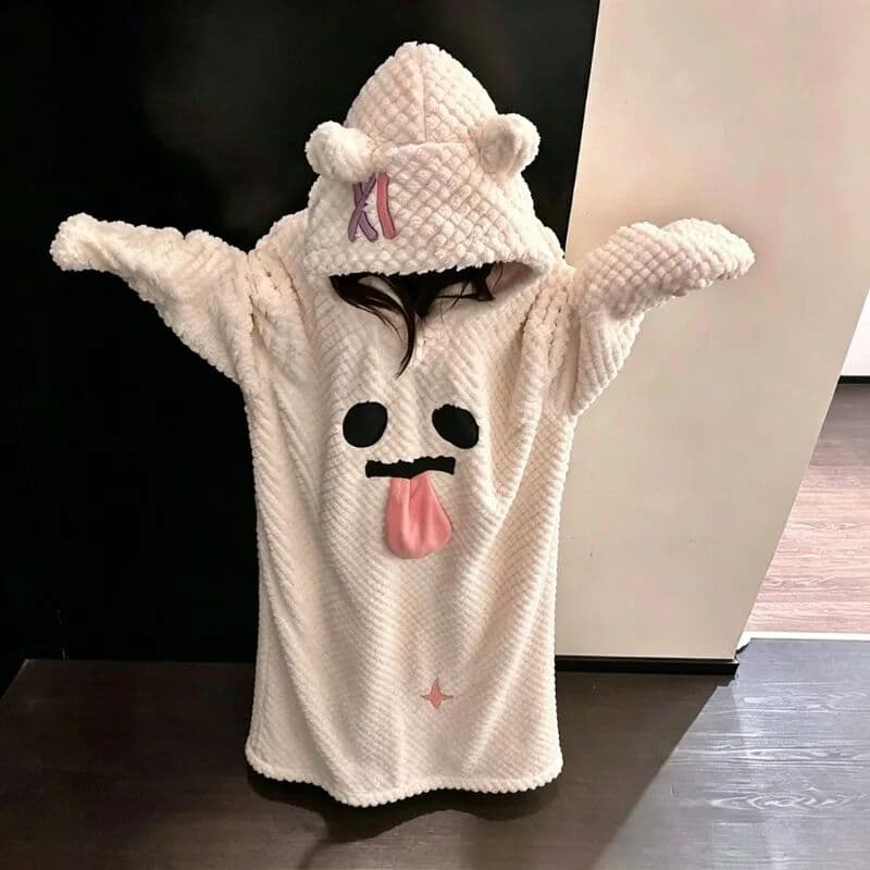 NONE Women Winter Plush Hooded Nightgown Funny Tongue Out Ghost Face Print Large Size Warm Long Loungewear Home Dress Oversized Loose