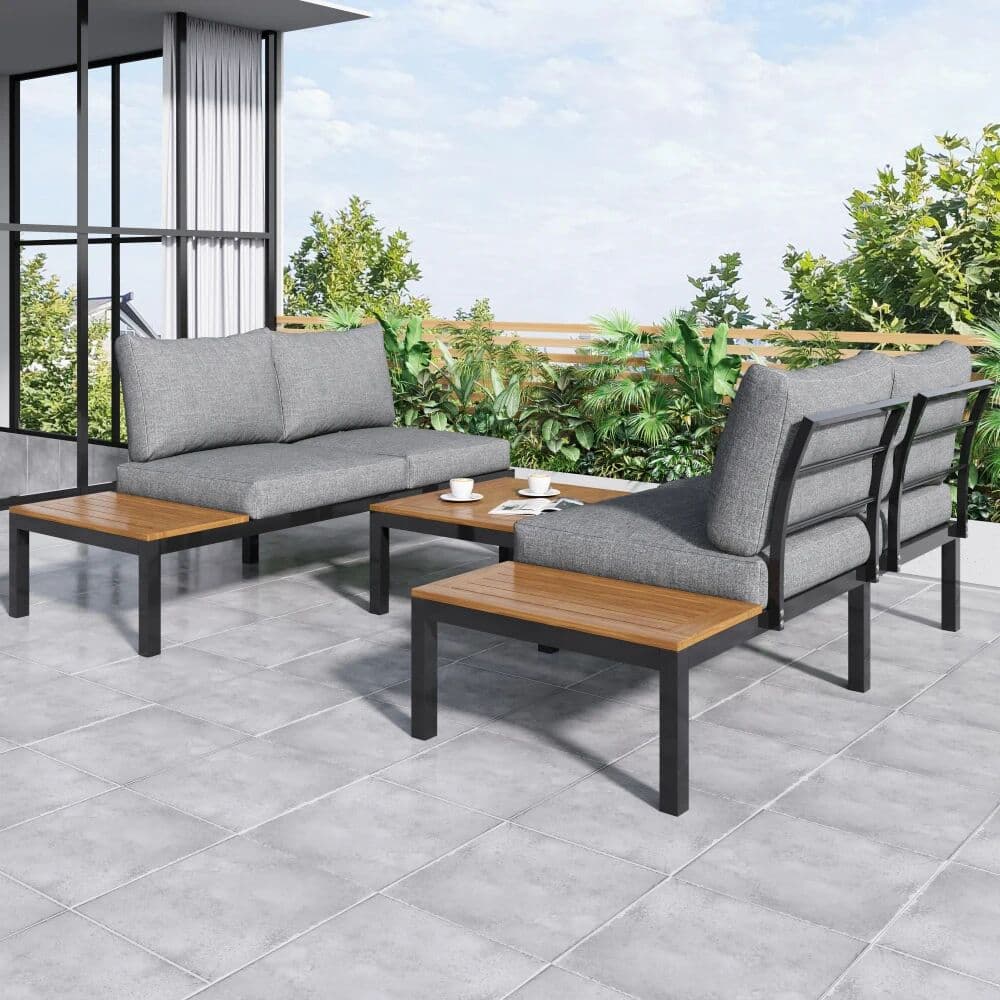 PINGGO Outdoor Patio&Backyard Furniture Garden Lounge, Space Saving Thick Quality L-Shaped Corner Sofa with Wooden Table, Grey