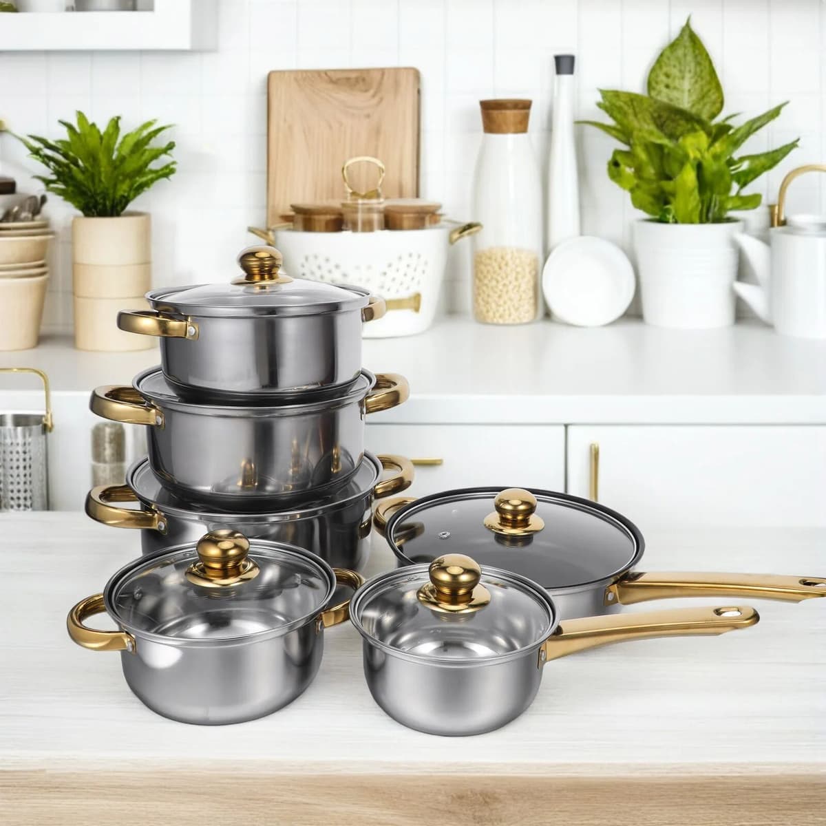 NONE 12 Piece Stainless Steel Cookware Set with Gold Handles, Nonstick Frying Pan, Stock Pot, Saucepan, Steamer & Glass Lids, Induction Compatible Pots and Pans Set