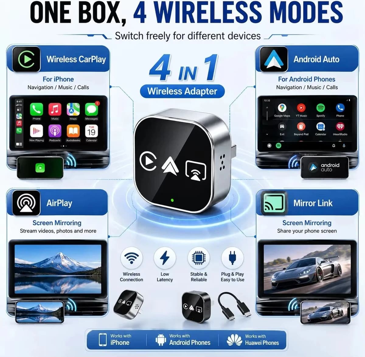 NONE 4 in 1 Wireless CarPlay Adapter Bluetooth Mirror Link for Wired CarPlay Android Auto, Plug & Play Car Stereo Screen Mirroring