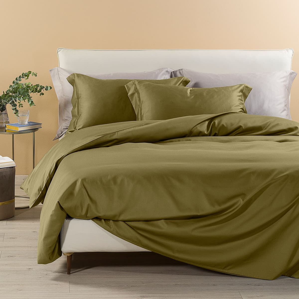 Completo Copripiumino in Raso di cotone Raso Matrimoniale Dreaming Tinta Unita Green Caleffi
