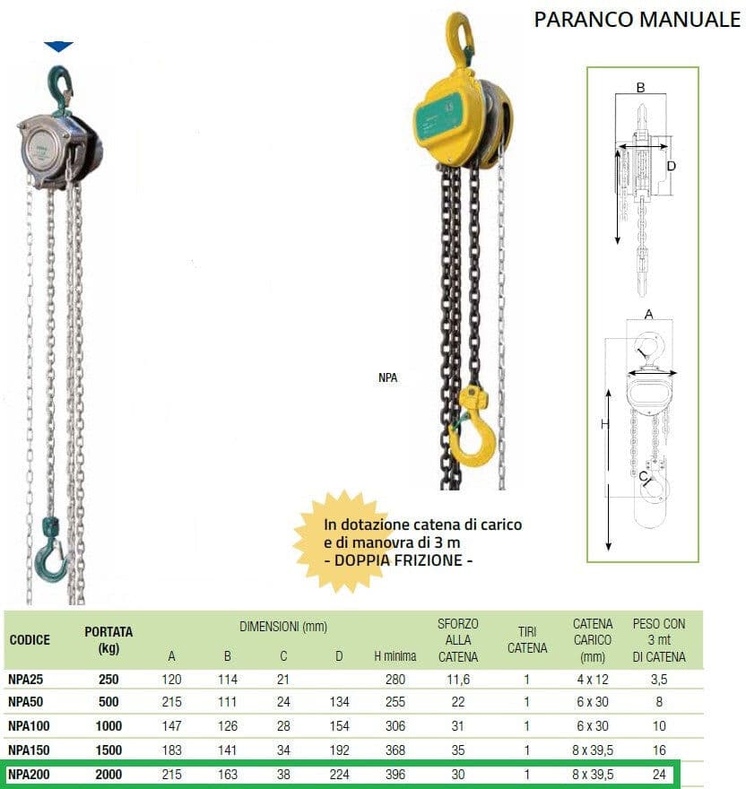Novamach NPA200 paranco catena manuale portata 2000 kg , catena 12 metri di tiro , 3 metri catena manovra