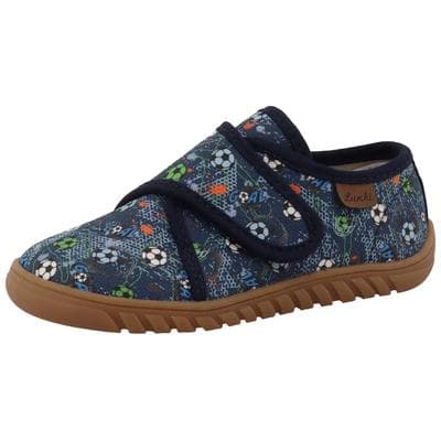 Barfußschuh LURCHI "Bibu 1 Barefoot", Jungen, Gr. 28, blau (navy), Textil, Schuhe Barfußschuh, Hauschuh, mit buntem Fußball-Motiv, Größenschablone zum Download