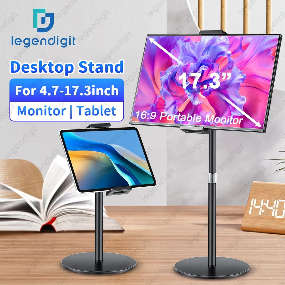 Legendigit Tablet Stand Holder for iPad Portable Monitor Desk Stand Adjustable Height Heavy Base Tablet Bracket for Screen Kindle Display