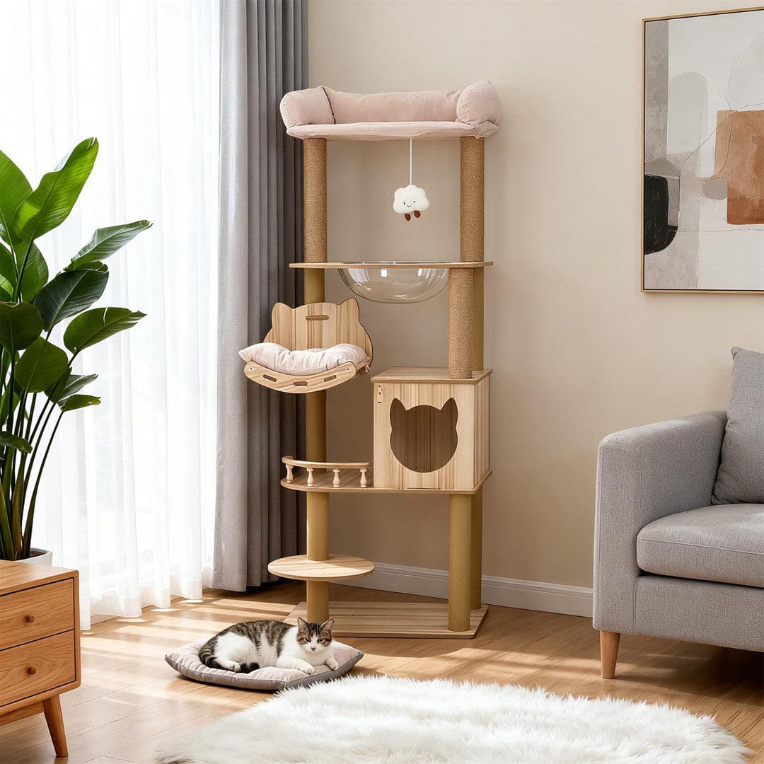 17 Stories 150 cm H Cat Tree / Condo Natural Wood 150cm H X 60cm W X 40cm D
