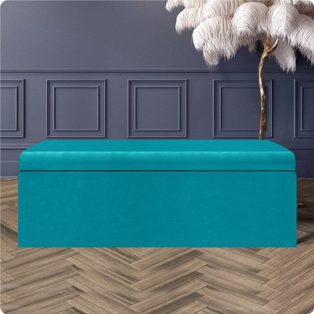 R&M Furnishers Safar Large Plush Velvet Ottoman Storage Box with Plain Lid Multi Functional Upholstered Blanket Box Teal Plush Velvet 40cm H x 150cm W x 40cm D