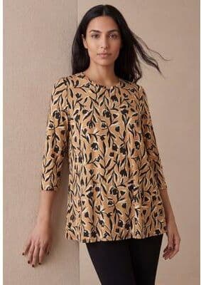 Plus Size Women's Stretch Knit Swing Tunic by Jessica London in Soft Camel Bold Tulips (Size 42/44) Long Loose 3/4 Sleeve Shirt
