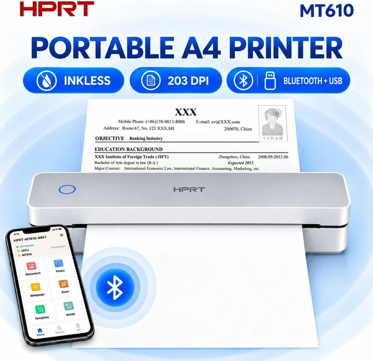 HPRT MT610 Portable A4 Thermal Printer 203DPI Bluetooth Inkless Wireless Printer for iOS Android PC Travel Office School