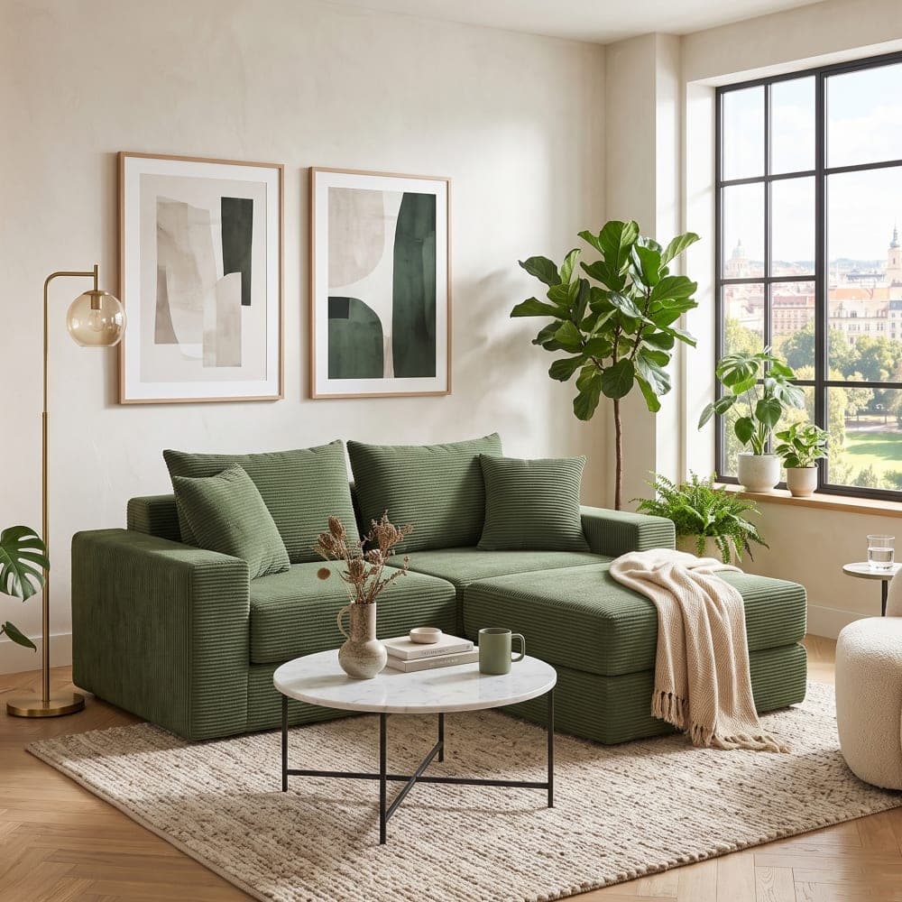 Urban Meuble Sofá modular de 3 plazas de terciopelo corduroy verde 259x96 cm