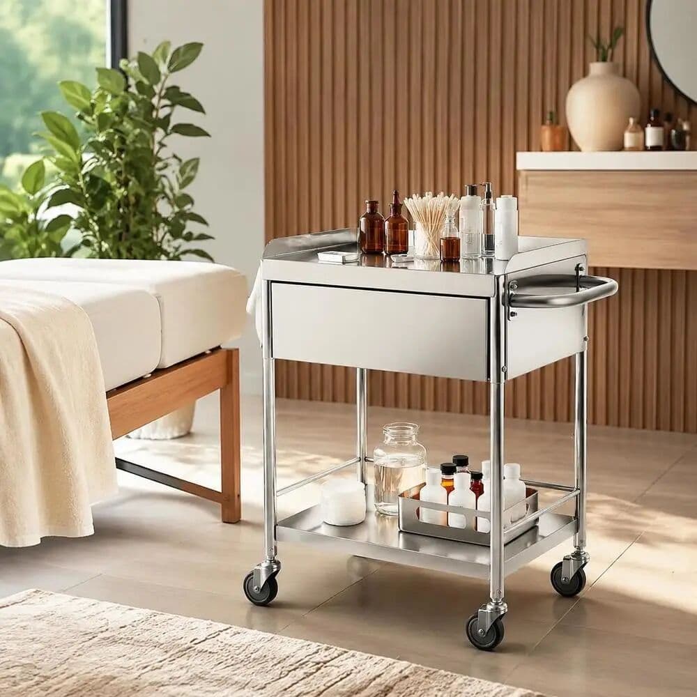 NONE Two-tier Laboratory Trolley, Equipment Trolley, Medical Technology Serving Trolley, 201 Stainless Steel, Portable Clearing Trolley With Drawers, 100 Kg Load Capacity, 710 X 421 X 785 Mm (with Handle),