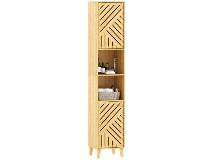 Homcom Colonne de salle de bain étroite avec portes et pieds en bambou Etagères réglables Compartiment ouvert 32X30X170 cm Naturel