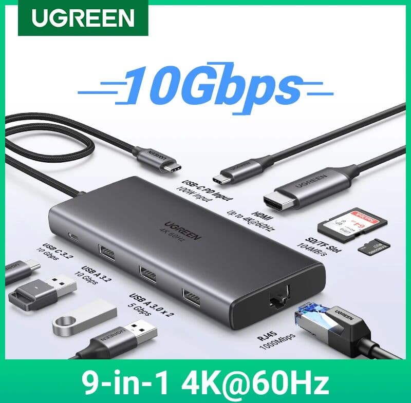 UGREEN USB-C HUB to 4K60Hz HDMI RJ45 Gigabit PD100W SD&TF USB3.2 10Gbps Splitter for MacBook Laptop Accessories Docking Station