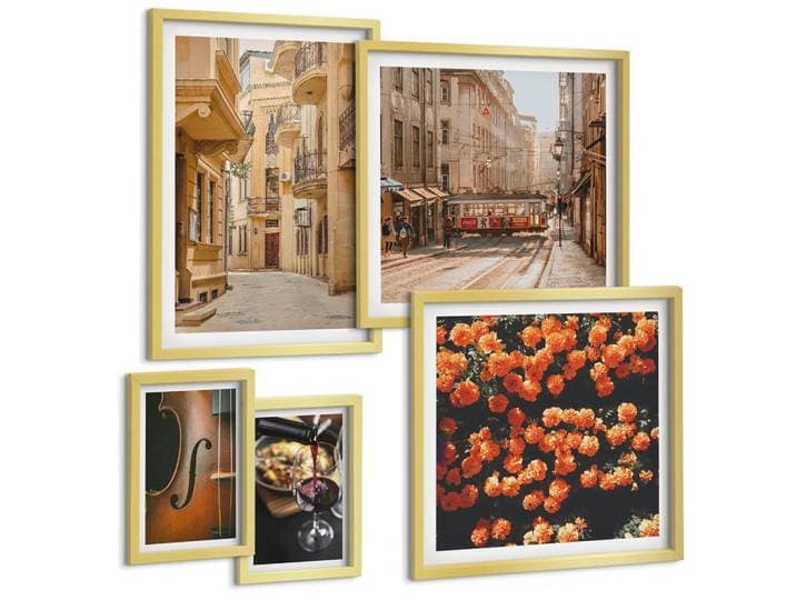 Tulup Bilder SET 5er Set - 50x50 cm & 20x30 cm & 40x60 cm Goldrahmen - Vintage Blumen Straße Wein Geige, Goldfarben, Kunststoff, Rechteckig, 40x60 cm, gerahmt, Bilder & Rahmen, Bilder