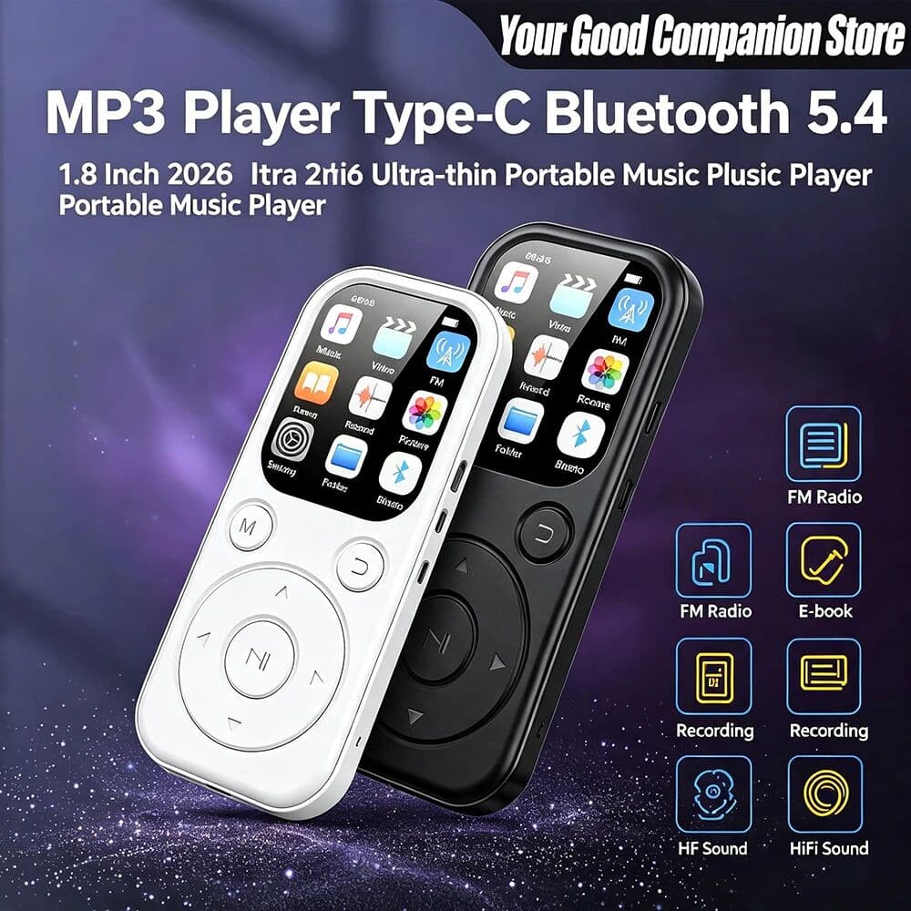 NONE MP3 Player Type-C Bluetooth 5.4 1.8 Inch 2026 Ultra-thin Portable Music Player with FM Radio E-book Recording